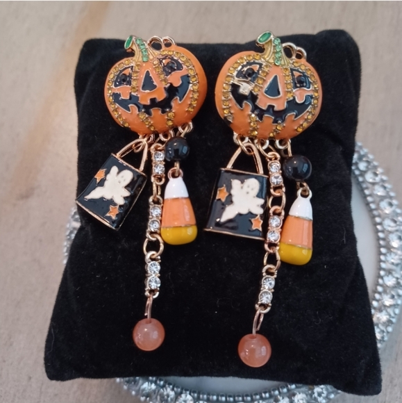 Orange Jack-o-lantern Halloween Candy Rhinestone Dangle Drop Stud Earrings - Picture 3 of 11